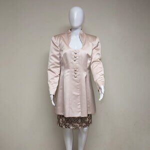 Vint. 1980s YT by TRAVILLA Intricately Embroidered Pink Satin Skirt Suit